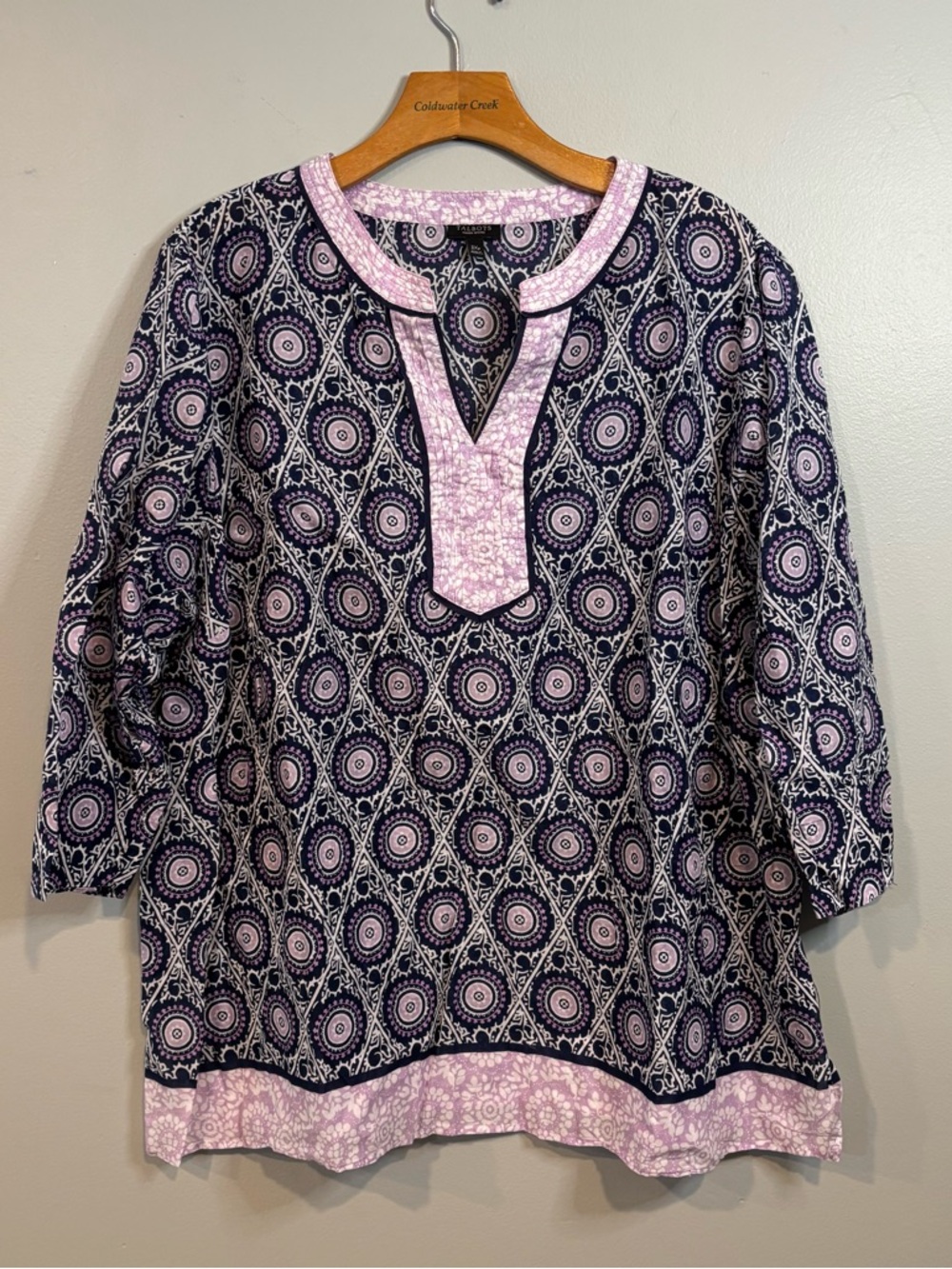Talbots 3Xp Navy & Pink Geometric‎ Printed Tunic Top Lightweight 3/4 sleeves